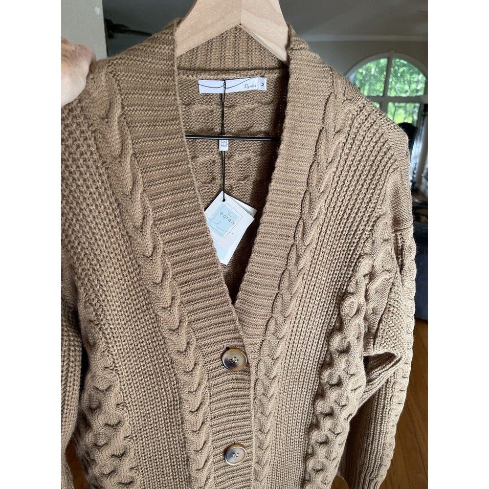 Egreis Camel-Colored Cardigan Sweater Cable Knit V Neck Ladies Medium NWT
